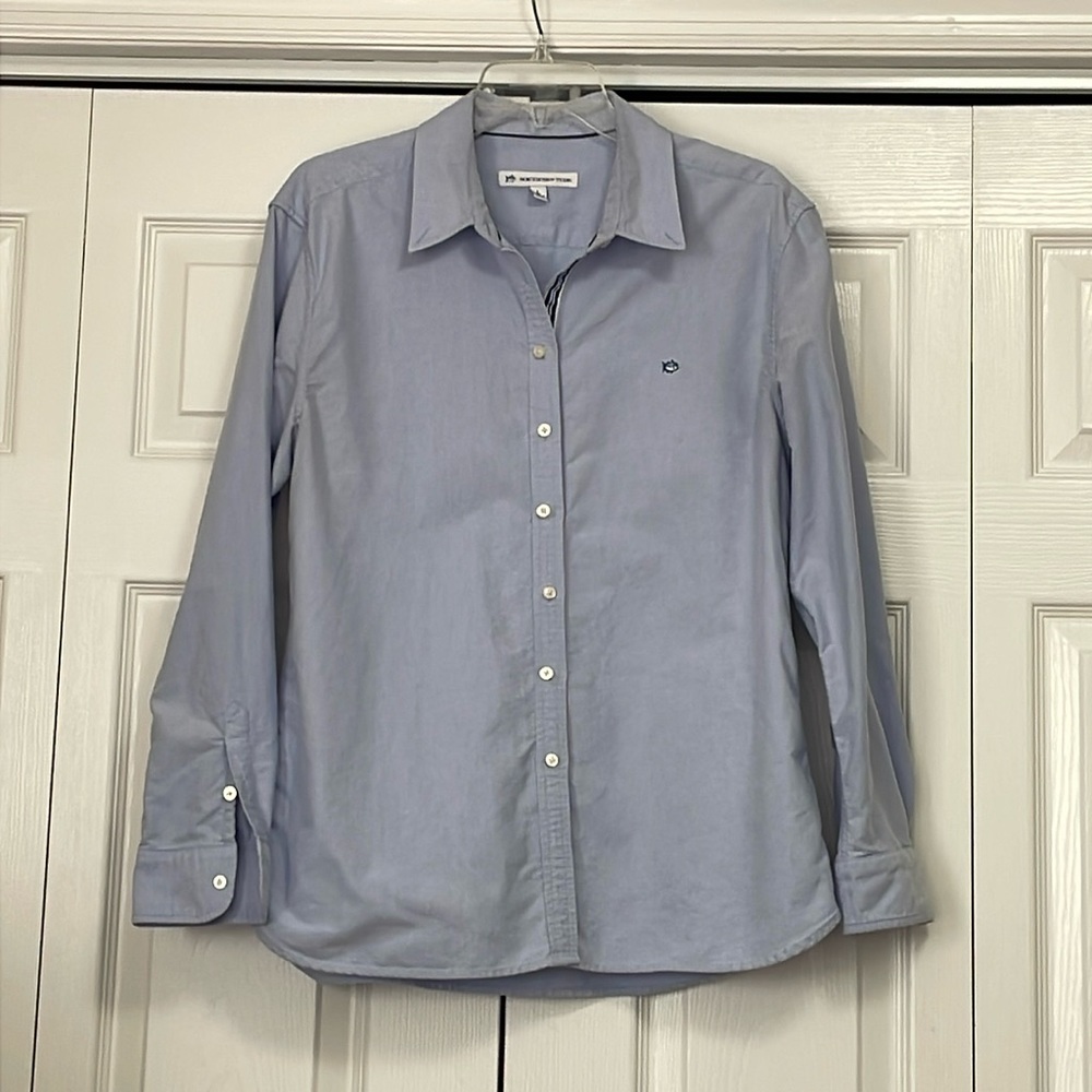 Southern Tide Long Sleeve Button Down Women Shirt Size Large Blue Skipjack logo